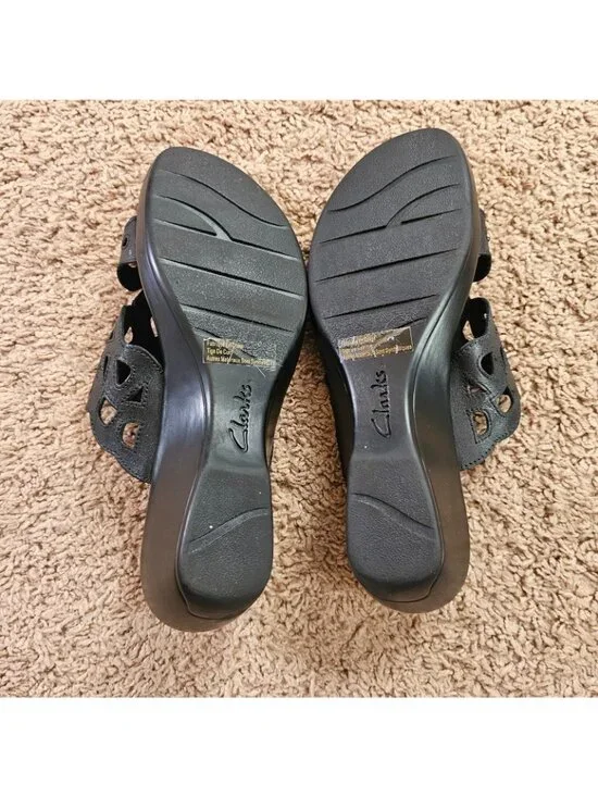 Clarks Bendables Wedge Sandals Womens 10M Black 37059 Comfort Slip On Slides - Picture 4 of 10